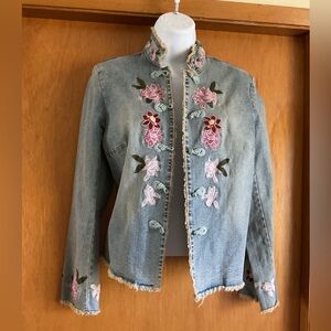 INC Denim Jacket Embroidered Light Wash Pink Floral Raw Edge Sz S